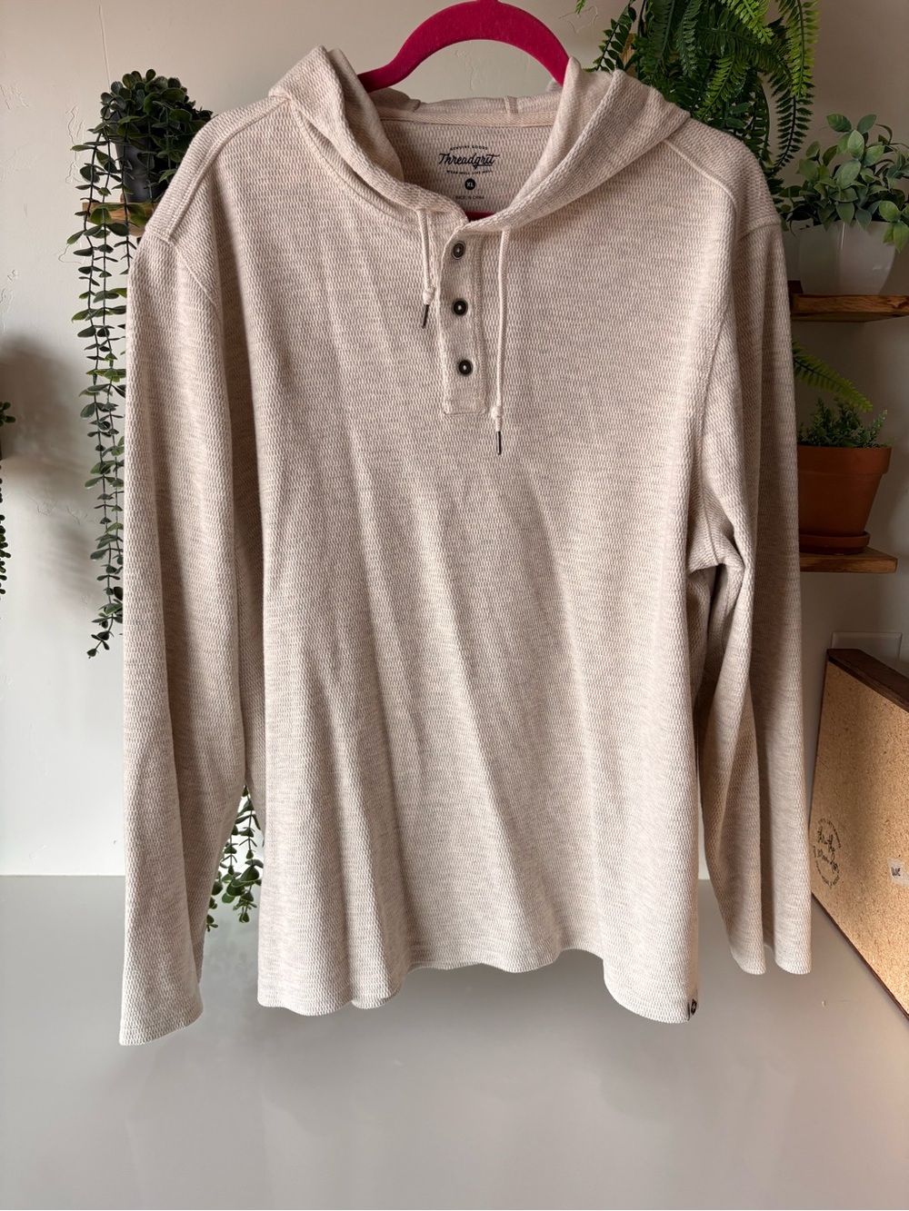 Men's Beige Hooded Henley Shirt